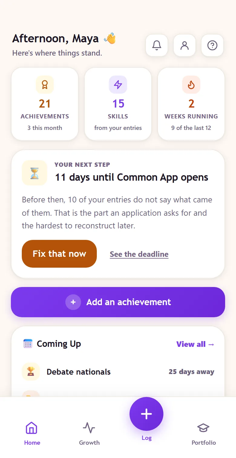 Aimlio on a phone: 21 achievements, 15 skills, 2 weeks running, and a card counting down to the Common Application opening.