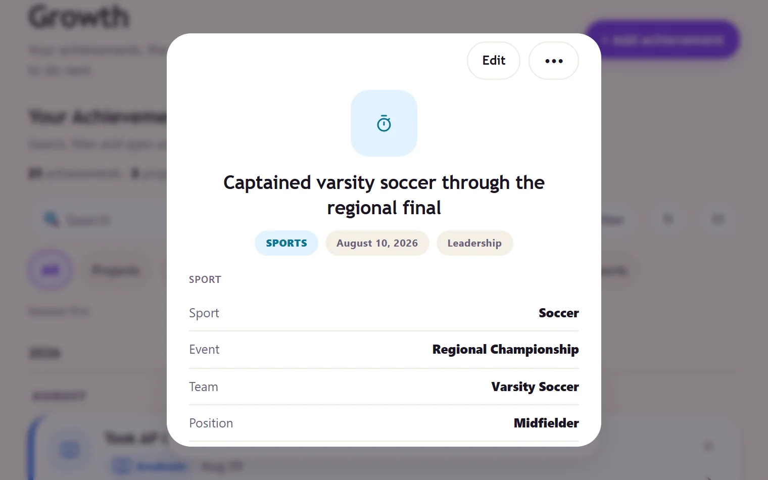 A logged season in Aimlio: sport, event, team, position, level, result and season, what it led to, and the skills it demonstrated.