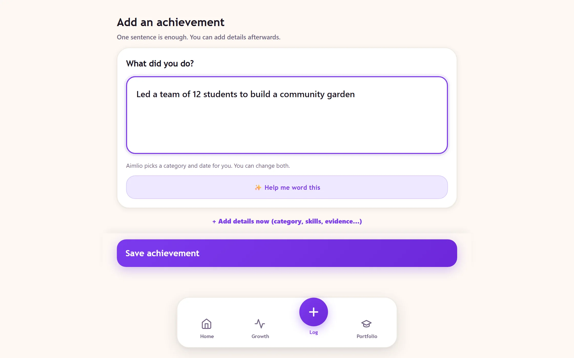 Adding an achievement in Aimlio: one sentence typed into a single field, with everything else optional.