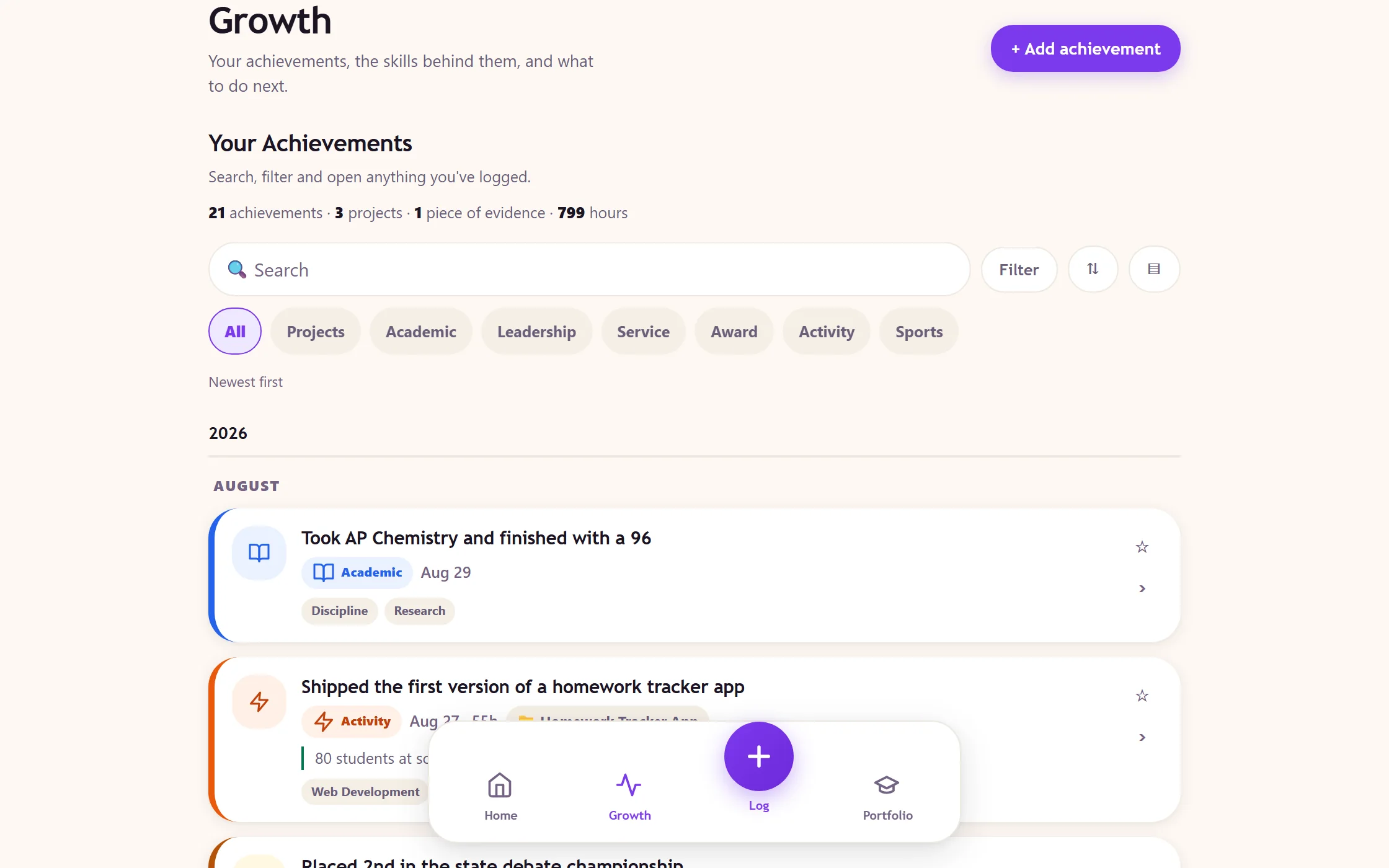 The Growth page in Aimlio: a year of achievements newest first, the skills behind them, and observations linked back to the entries they were counted from.